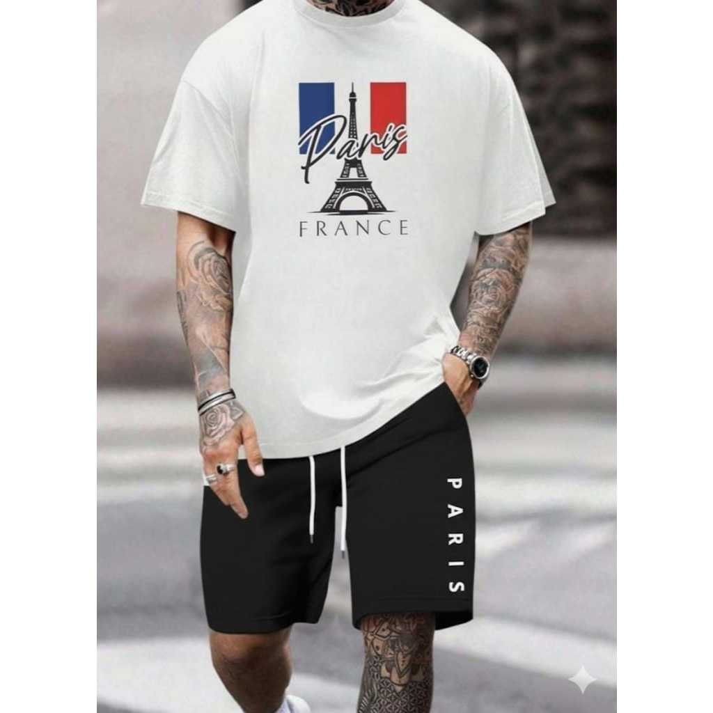 Conjunto Paris France Masculino  Camiseta 100% Algodão + Bermuda Tectel Streetwear Premium