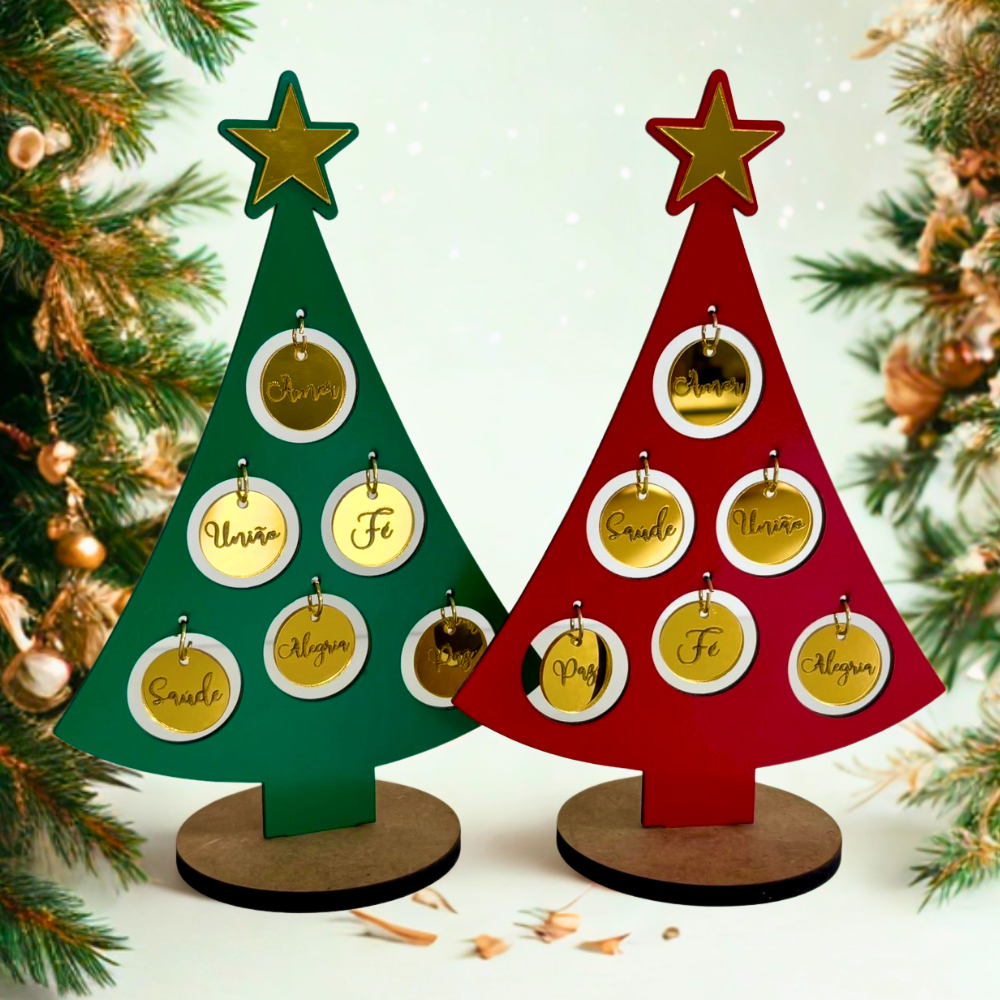 Decoração Natal Árvore Mdf de Mesa Palavras Desejos Fé Paz Amor Saúde