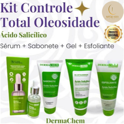 Kit Completo Skincare Anti Oleosidade DermaChem | Ácido Salicílico | Sabonete Facial + Sérum + Gel Hidratante + Esfolian em Oferta na Shopee