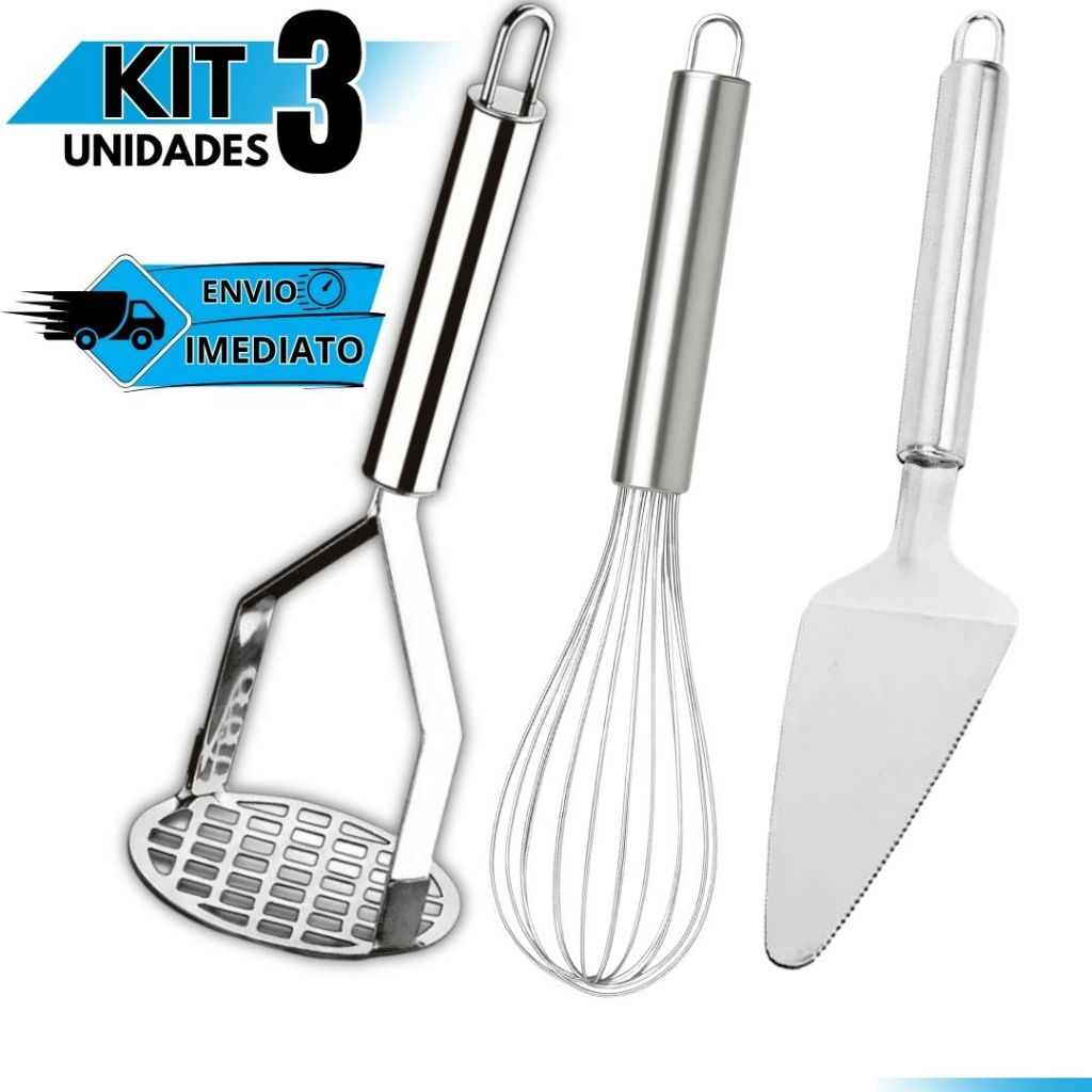 Kit Cozinha 3 Peças: Amassador de Batatas Inox + Fouet + Espátula de Bolo Utensílios Domésticos em Oferta na Shopee