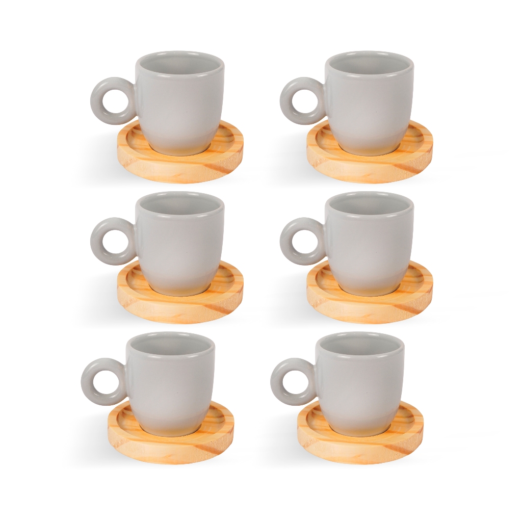Conjunto Jogo Xícaras Caneca Cinza com Pires Madeira para Café da Manhã Chá Mesa Posta Elegante Casa