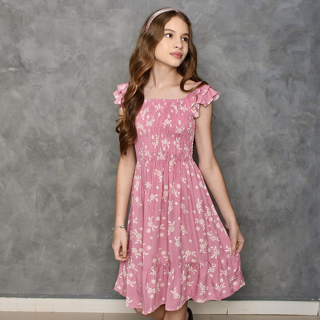 VESTIDO JUVENIL E INFANTIL VERÃO ESTAMPADO TAMANHOS 10 AO 16 VISCOLINHO MANGA COM BABADOS