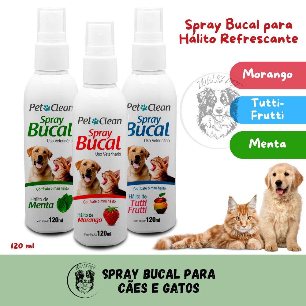 Spray Bucal 120ml para Cães e Gatos Morango Menta Tutti Frutti Combate Mau Hálito e Tártaro -  Pet Clean