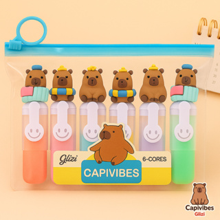 Kit Capivara Marca Texto Glizi Capivibes 6 Cores | Caneta Marcador Pastel Cute | Papelaria Criativa em Oferta na Shopee
