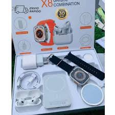 Kit Smartwatch X8 Unique com Pulseira Laranja, Fones S/Fio, Carregador USB-C 20W, Cabo USB, Carregador Powerbank Indução