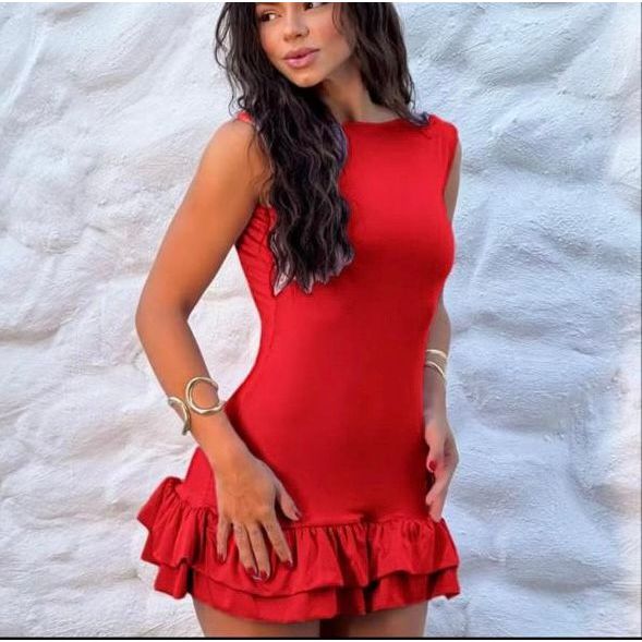 Vestido curto com babado na barra (LAIZ) em Oferta na Shopee