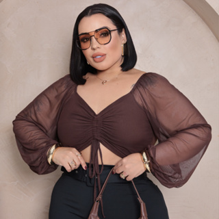 Blusa Cropped Plus Size G1 | Manga Bufante Tule Romântico | Com Bojo e Regulagem Veste 48 ao 50 em Oferta na Shopee