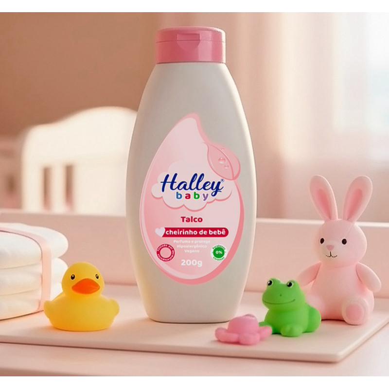 2 Frascos Talco Infantil Cheirinho de Bebê Rosa - Menina - Perfumado Hipoalergenico Vegano Halley Baby 200g Unidade