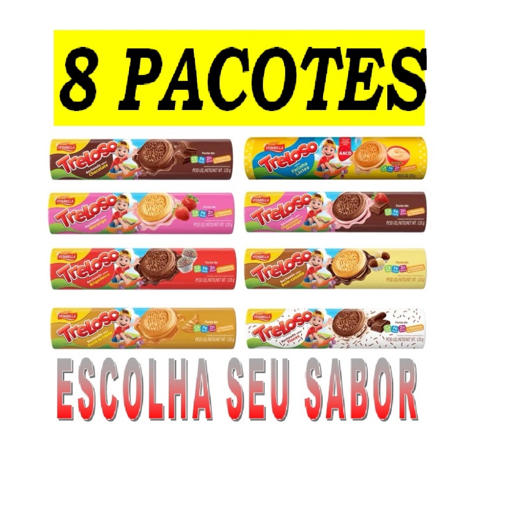 Biscoito Treloso Recheado Kit Com 8 Pacotes de 120g Cada Um Vários Sabores