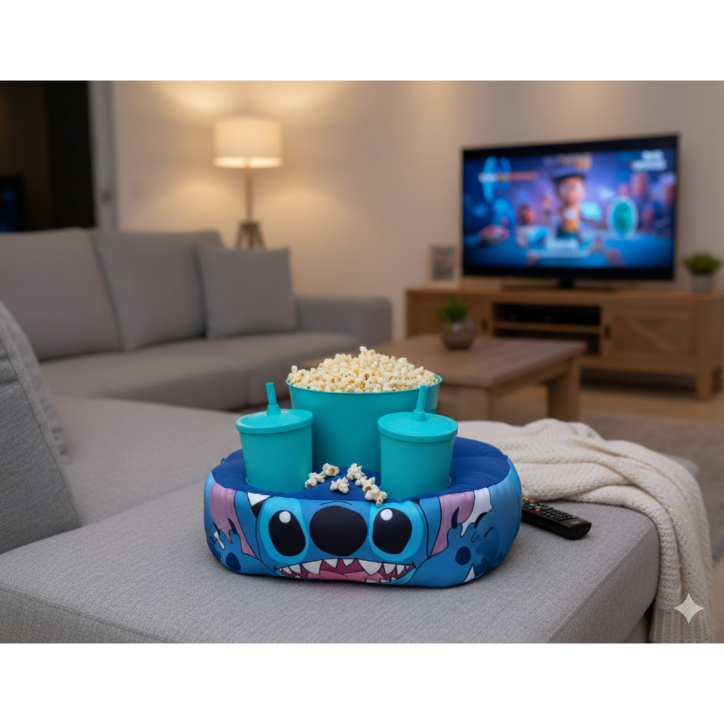 Detalhes do Almofada Porta Pipoca + Balde 3,5 l + 2 copos 550 ml STITCH - Cinema Filme em Casa Decoração Conforto