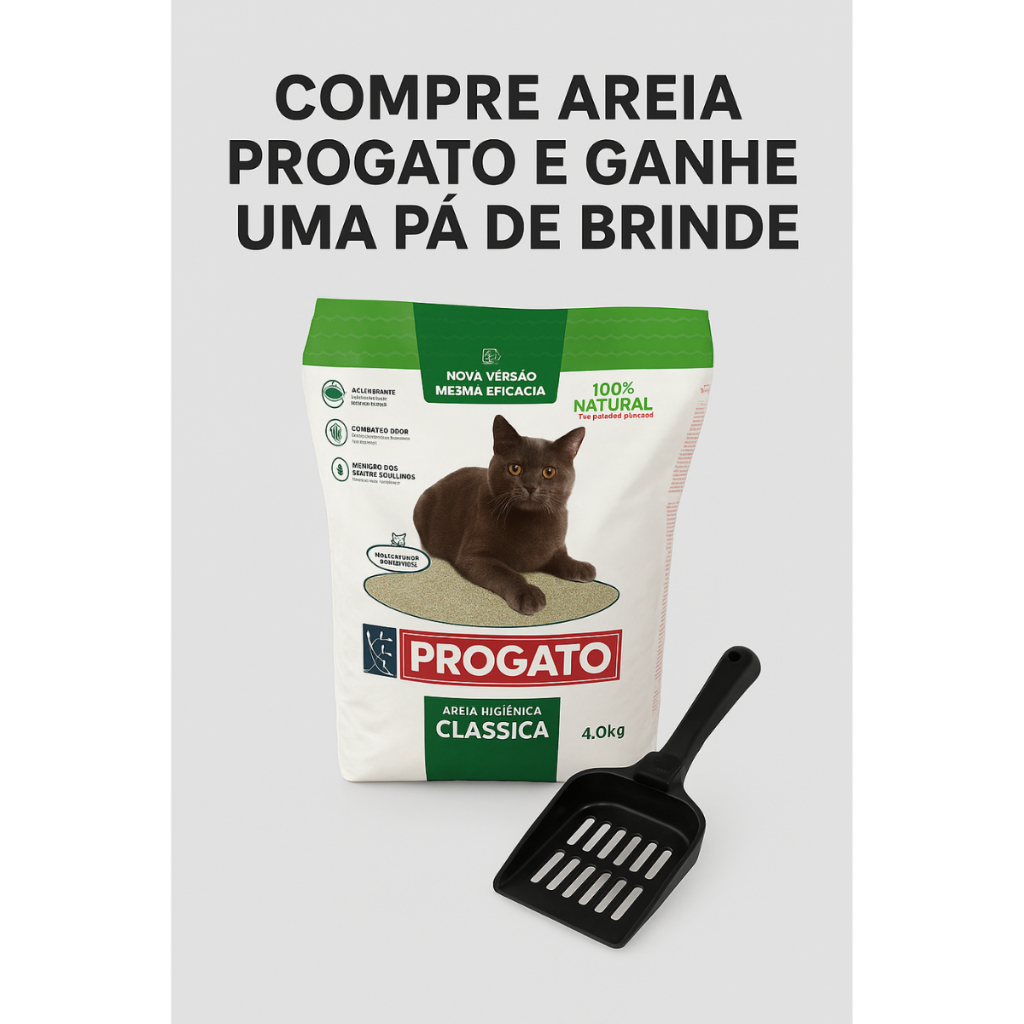 Areia Higiênica PROGATO 4kg Clássica + Pá de Brinde ou Perfumada + comedouro e brinde Controle de Odor e Alta Absorção
