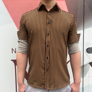 Camisa social manga longa listrada com elastano slim fit em Oferta na Shopee