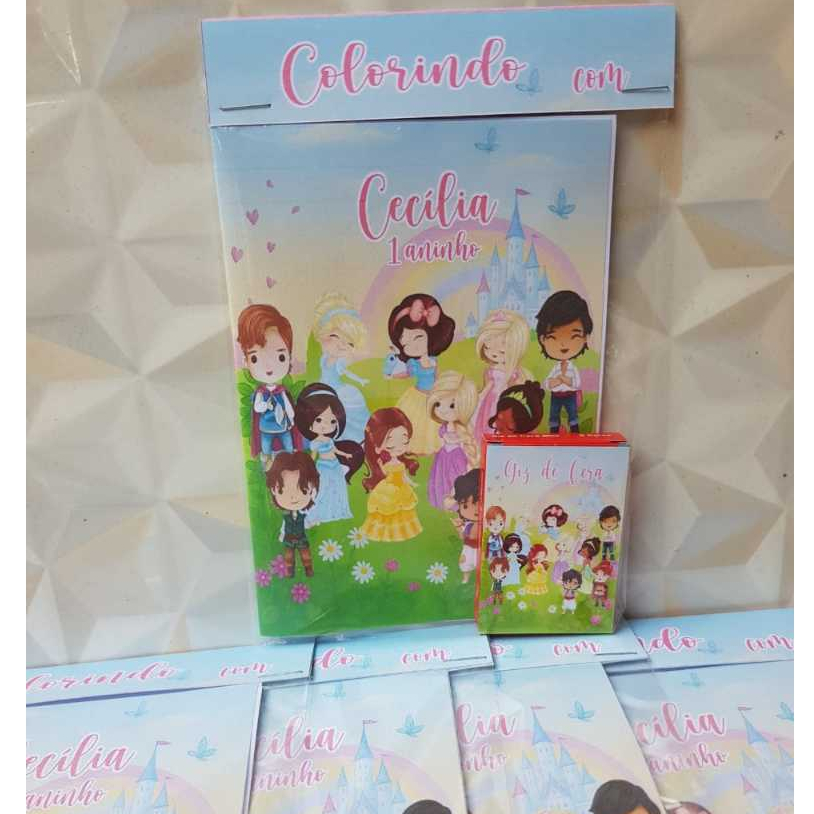 Mini Livrinho de Colorir com Giz de Cera Tema Princesas e Príncipes Aniversário Lembrancinhas Personalizada