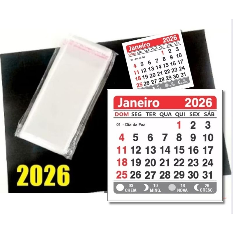 100 Ímãs 2x2,8cm + 100 calendários 2026 + 100 sacos adesivados 6x12