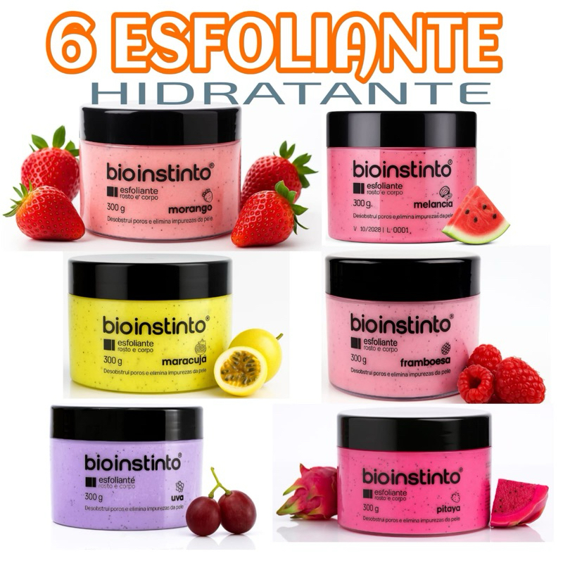 Kit 6 Esfoliante Corpo e Rosto Skin Care Limpeza Profunda Fragrâncias Sortidas Bio Instinto 300g