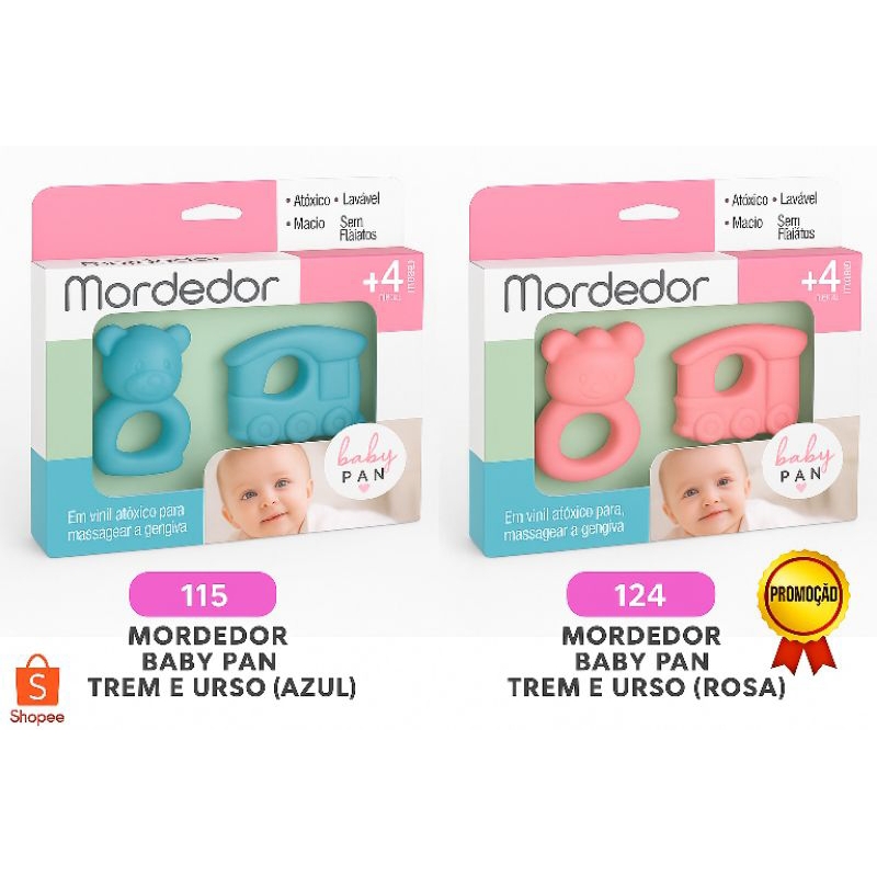 Kit Mordedor Infantil em Vinil Macio com 2 Unidades Trem e Urso - Atoxico