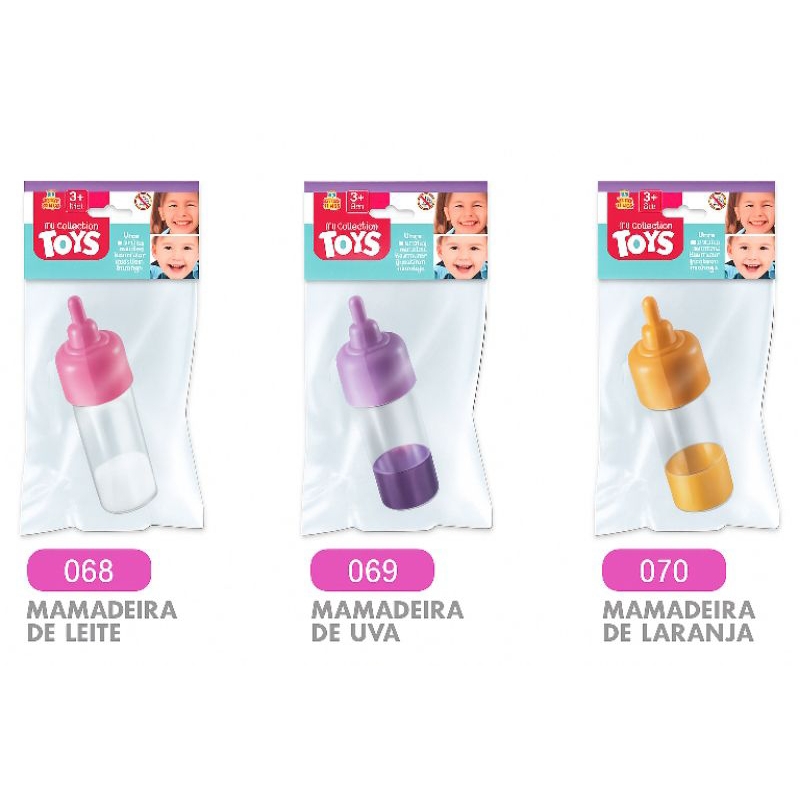 Kit com 3 Mamadeiras Magica de Boneca - Leite , Suco de Uva e Suco de Laranja - Brinquedo Infantil Para Bonecas