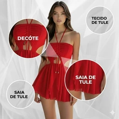 Macaquinho Vestido Feminino Curto de Tule Rodado com Bojo e Amarração com Forro — Elegância e Brilho para o Fim de Ano