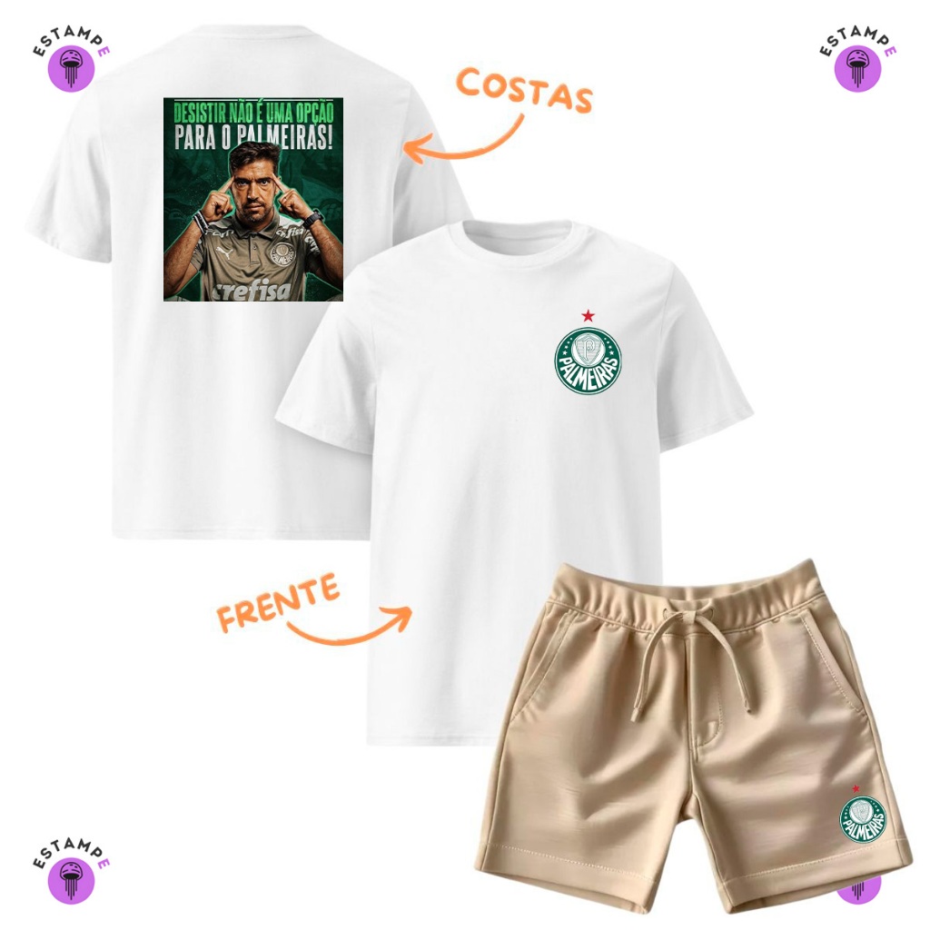 Kit Infantil 2 peças Sendo 1 Camiseta e 1 Bermuda Moletinho Palmeiras Abel Ferreira Cabeça Fria   Infantil