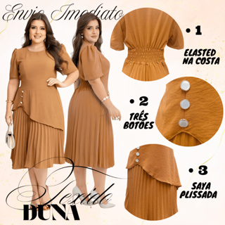 Vestido Feminino, Plissado Doble Saya, Elegante Manga Curta, Texido Duna em Oferta na Shopee