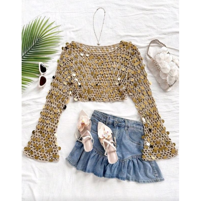 Conjunto de luxo em crochê bolero e saia com paetês moda verão feminina