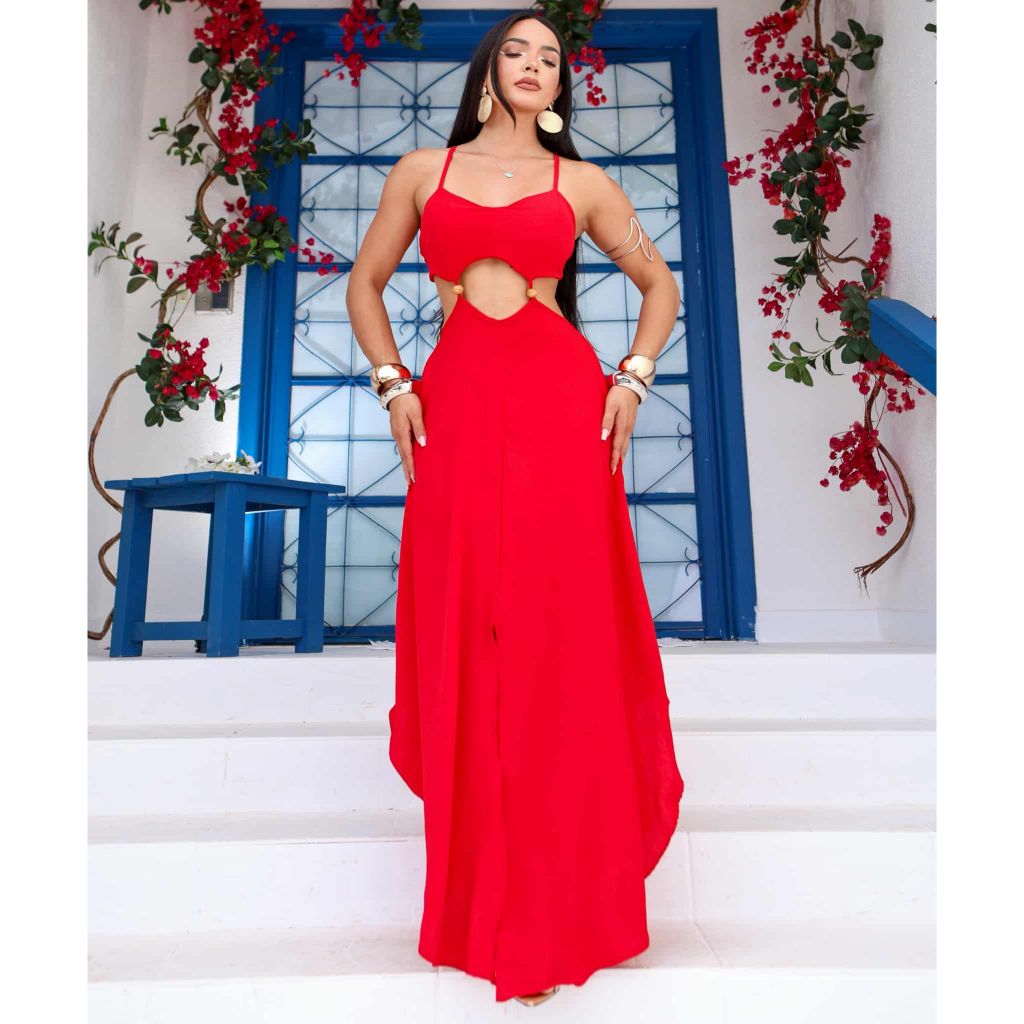Vestido Longo Feminino com Bojo e Fenda Frontal – Amarração e Elástico nas Costas | P ao GG Elegante e Confortável