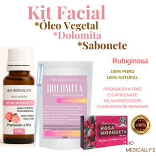 Kit Skin Care Óleo Vegetal Rosa Mosqueta 30ml + Sabonete 90g + Dolomita 200g+ Pipeta (4PEÇAS) em Oferta na Shopee