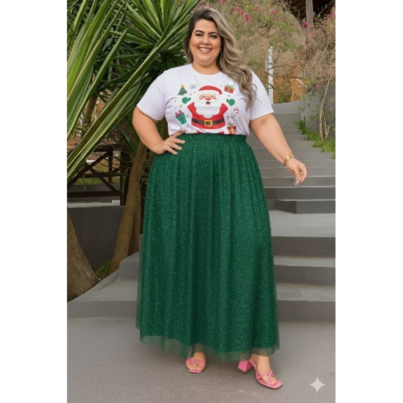 Saia Longa plus size Tule de Brilho Glitter com Forro elanca Evitando Transparência