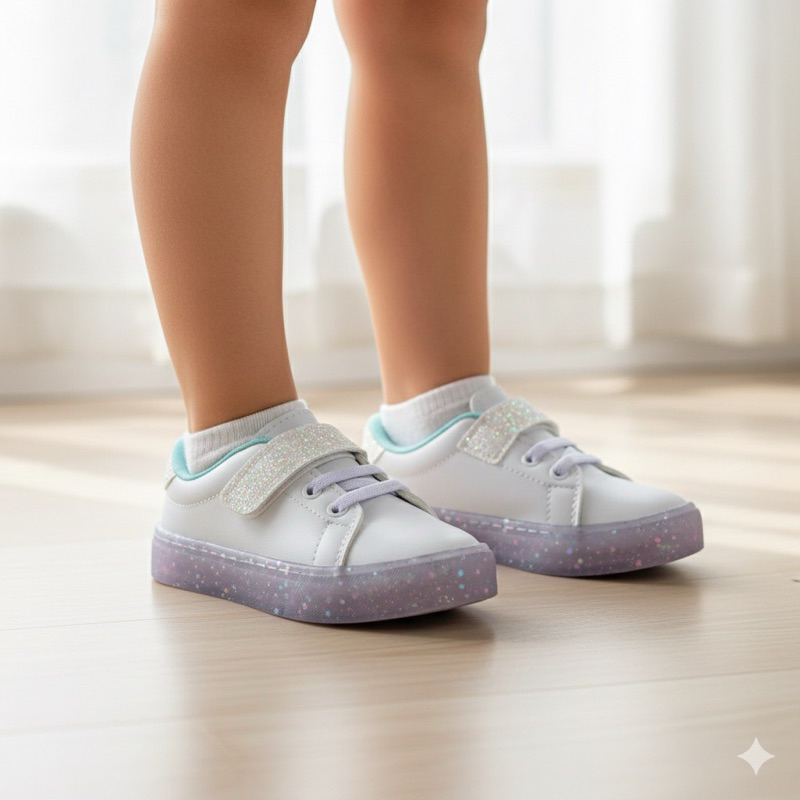 Tênis Infantil Velcro Menina Solado Glitter Trasparente Leve e Confortável Em Promoção