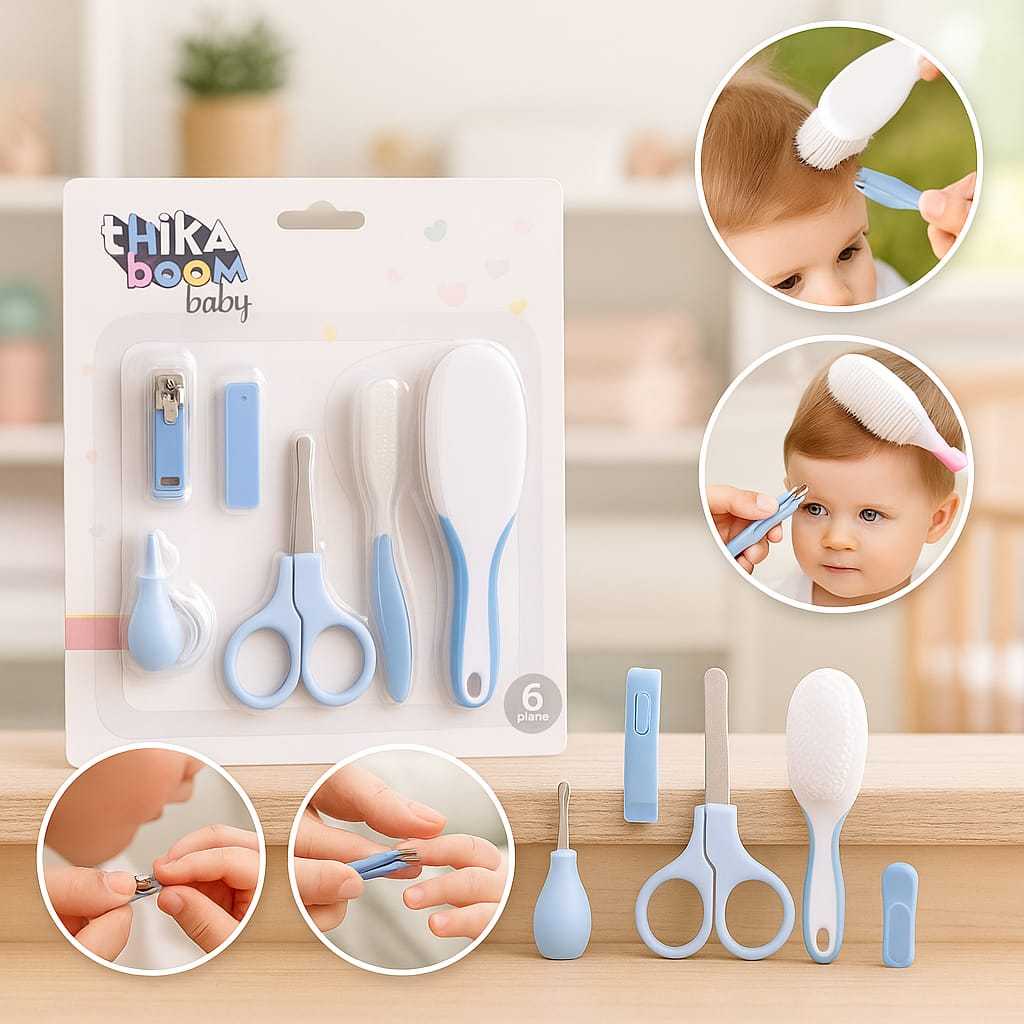 Kit Cuidados e Higiene para Bebê 6 Peças Tesoura com Capa Cortador com Suporte Escova Pente, Sortido