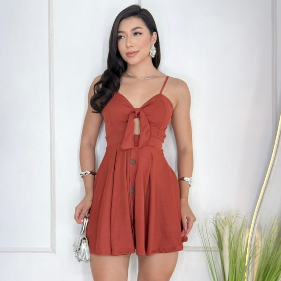 Vestido Rodado Curto com Alça e Bojo Amarração Frontal e Botão Malha Ribana em Oferta na Shopee