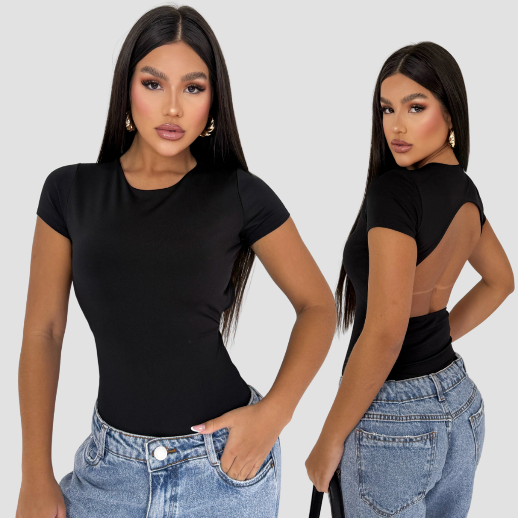 Body Feminino Manga Curta Suplex Costa Nua Forro Duplo em Oferta na Shopee