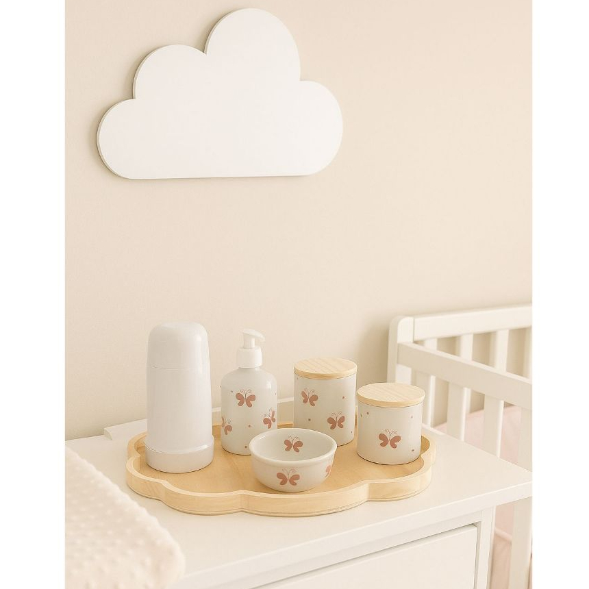 Kit Higiene Bebe Porcelana Borboleta Rosa Tampas e Bandeja Pinus + Garraf 06 Pçs