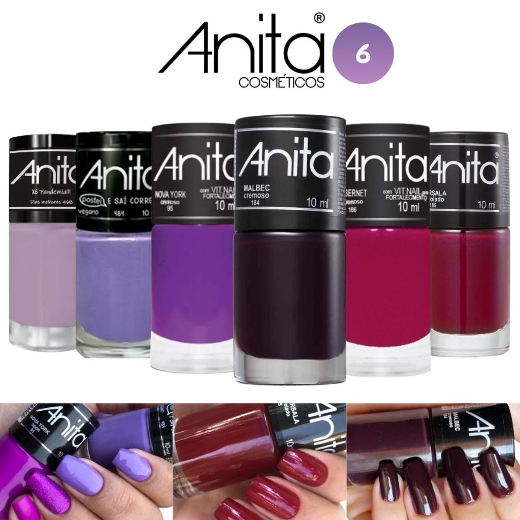 ESMALTE ANITA - KIT 6 CORES UVAS MALBEC CABERNET MARSALA NOVA YORK