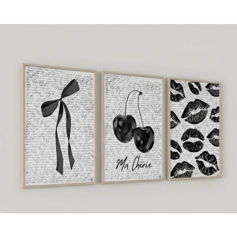 Quadros decorativos Aesthetic preto laço, beijos e cereja moda ma cherie  quarto sala cozinha(3 peças)