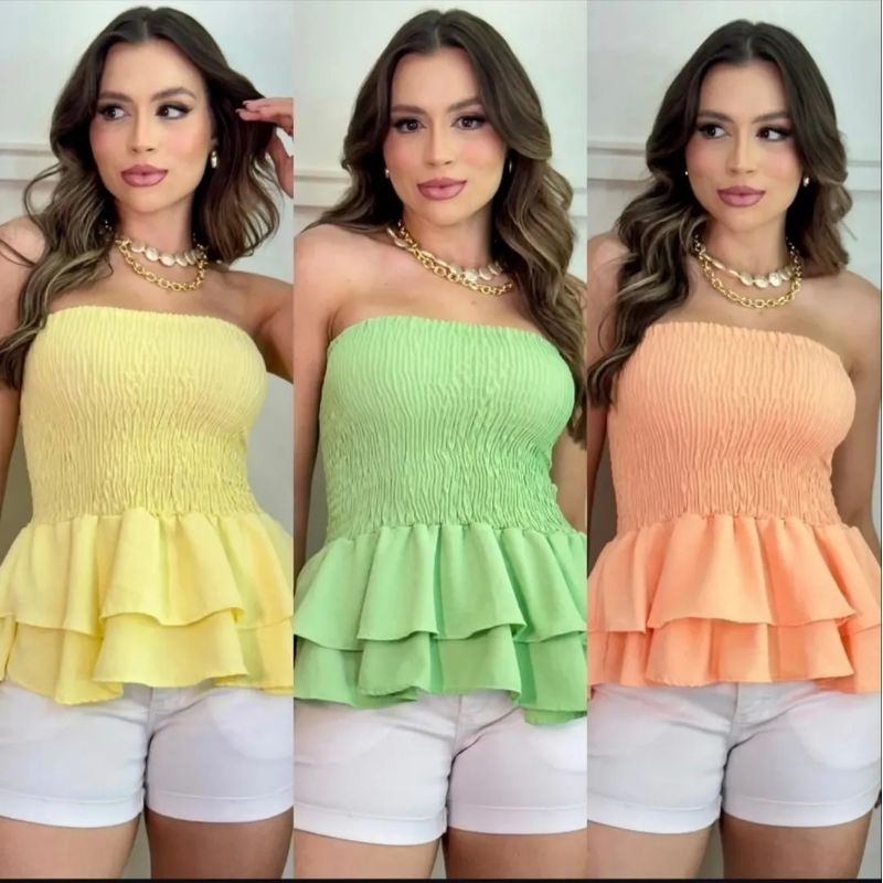 Blusa tomara que caia com elastex com babado viscose em Oferta na Shopee
