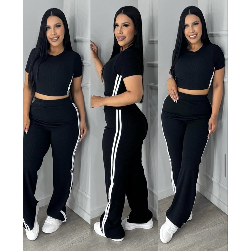 conjunto flare manga curta com listras em Oferta na Shopee