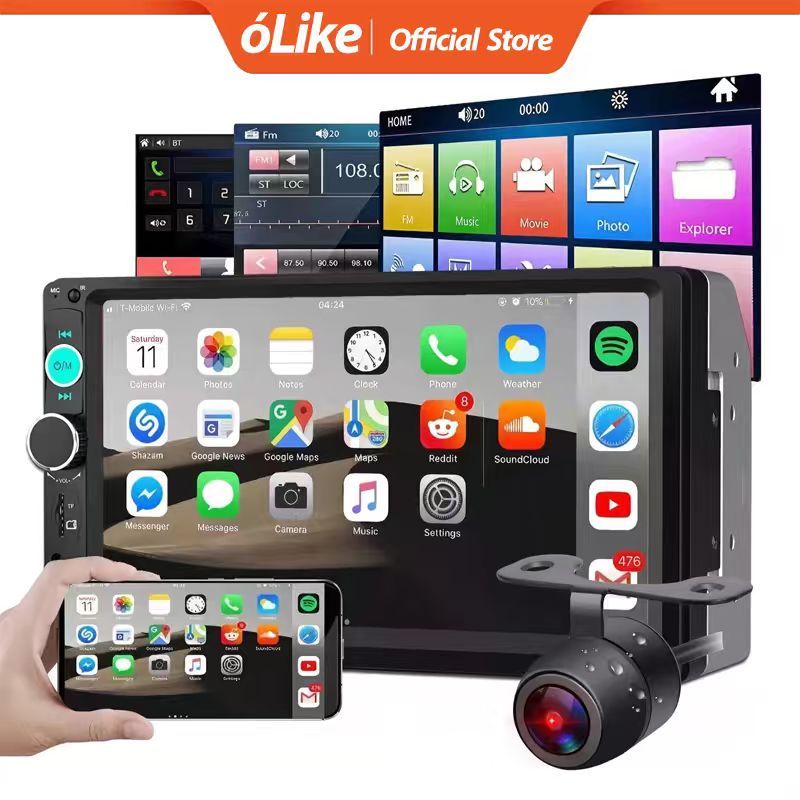 óLike Multimídia 7 Polegadas 2 Din Mp5 Carplay Espelhamento Bluetooth USB Sd com Controle Remoto + Camera Ré