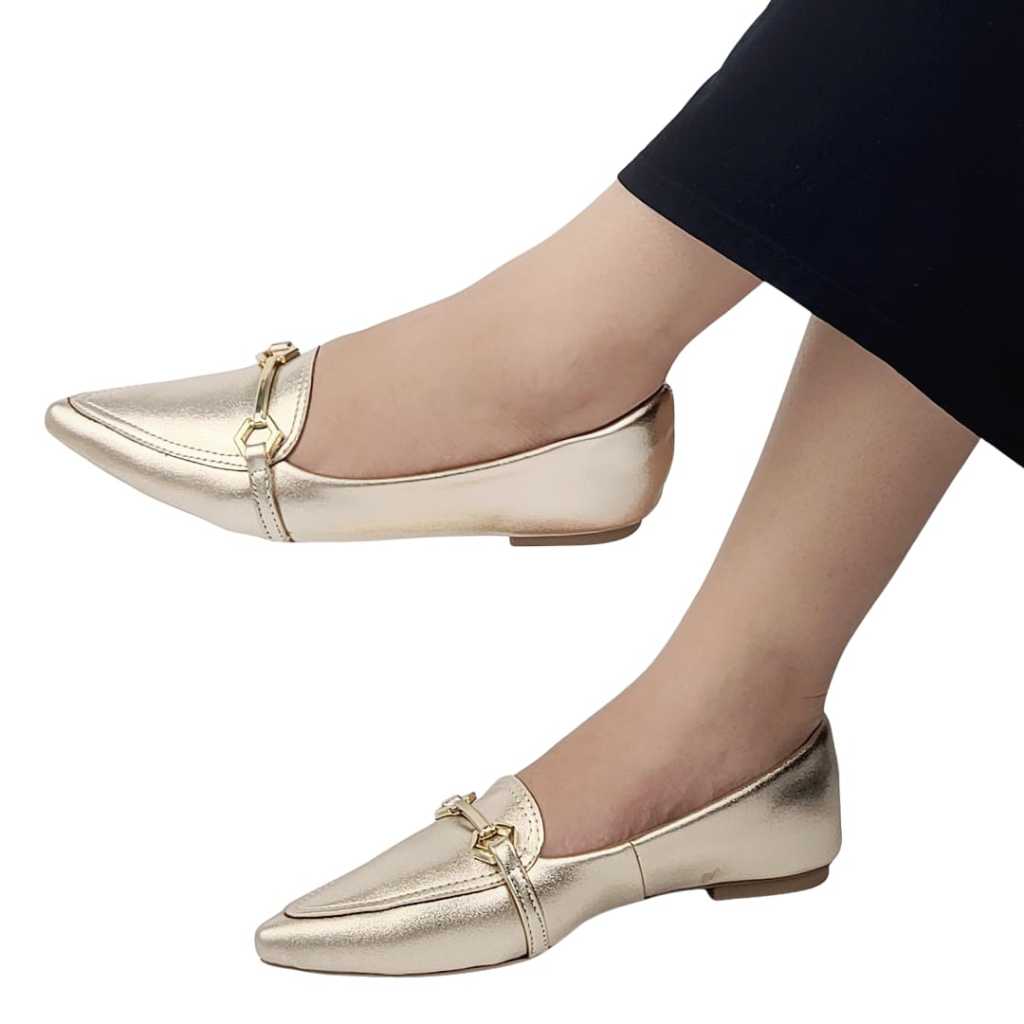 MOCASSIM DOURADO METALIZADO BICO FINO ORIGINAL SAPATILHAS | CASUAL | CONFORTÁVEL
