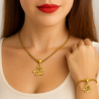 Kit Colar + Pulseira Feminino – Cabeça de Cavalo Dourado, Joia Banhada a Ouro 18K em Oferta na Shopee