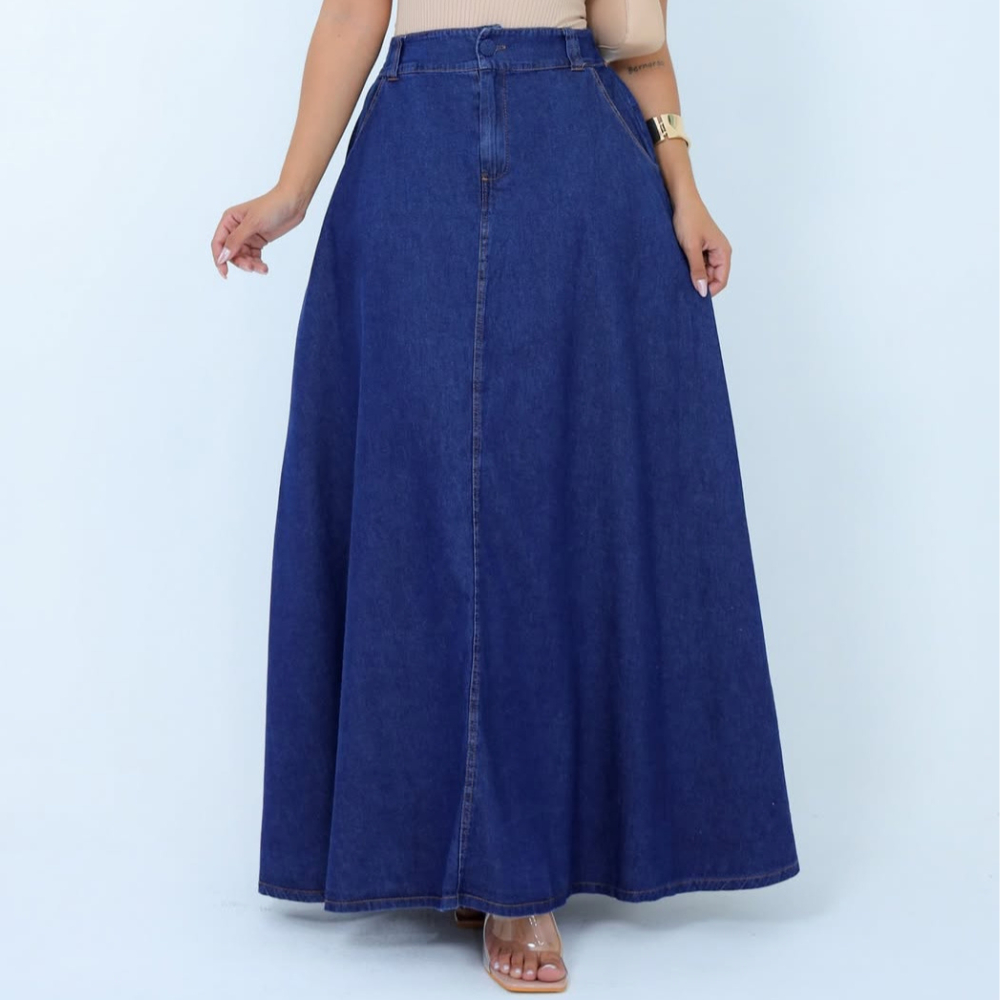 SAIA JEANS LONGA FEMENINA CAIMENTO ELEGANTE SAIA  RODADA COM BOLSOS em Oferta na Shopee