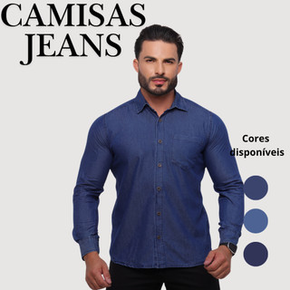 Camisa Social Masculina Jeans Manga Longa Algodão Slim Premium Bolso