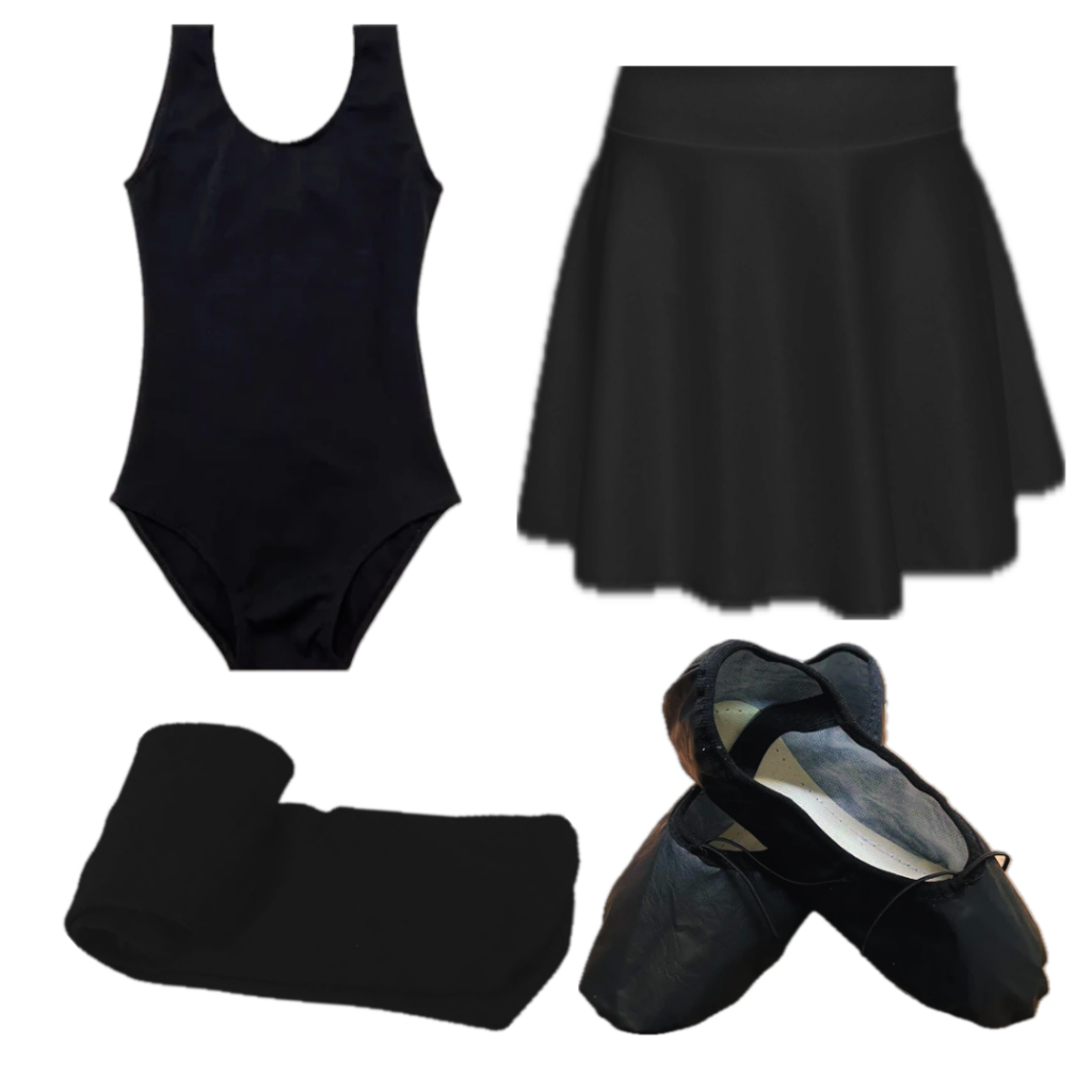 Kit Ballet Juvenil Preto Com 4 Peças: Collant Regata + Saia Cós + Meia + Sapatilha - Para Bailarinas