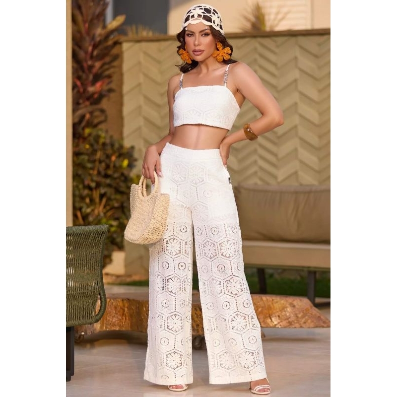 Conjunto Calça e Cropped em Renda Floral Empório Pit Bull Estiloso e SofisticadoRef: 91137
