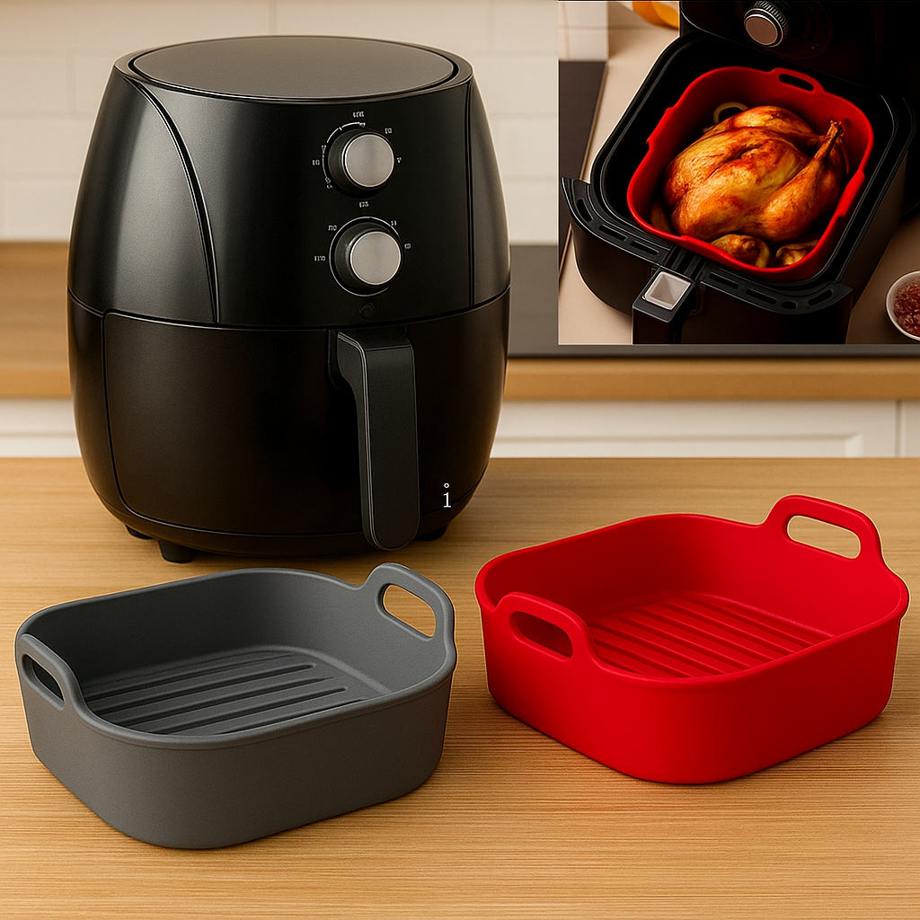 Forma de Silicone Air Fryer Assadeira Fritadeira Quadrada Antiaderente Vermelho/Cinza