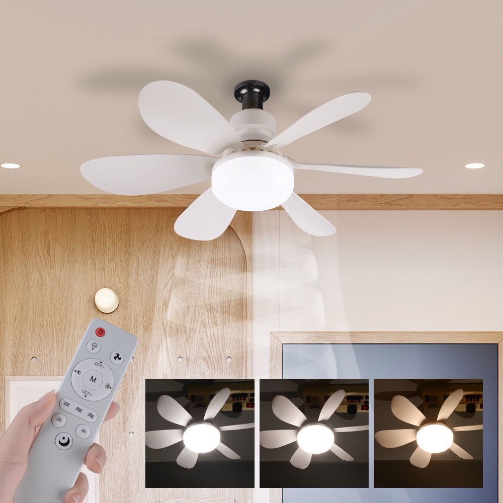 Ventilador Luminária Led 6 Pás Lâmpada Soquete Bocal  Teto 3 Cor Luz Branco Amarelo Contróle 60W