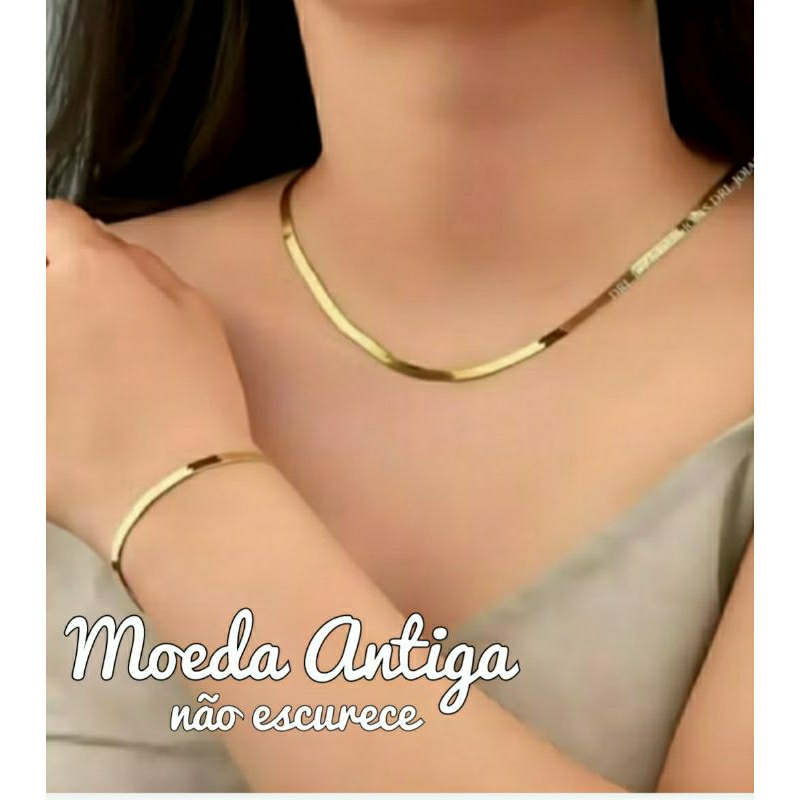 Kit Conjunto Moeda Antiga Colar Laminada e Pulseira.