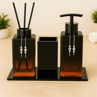 Kit Banheiro Sabonete Liquido Aromatizador Difusor de Ambiente Com Bandeja e Porta Escova Lavabo em Oferta na Shopee