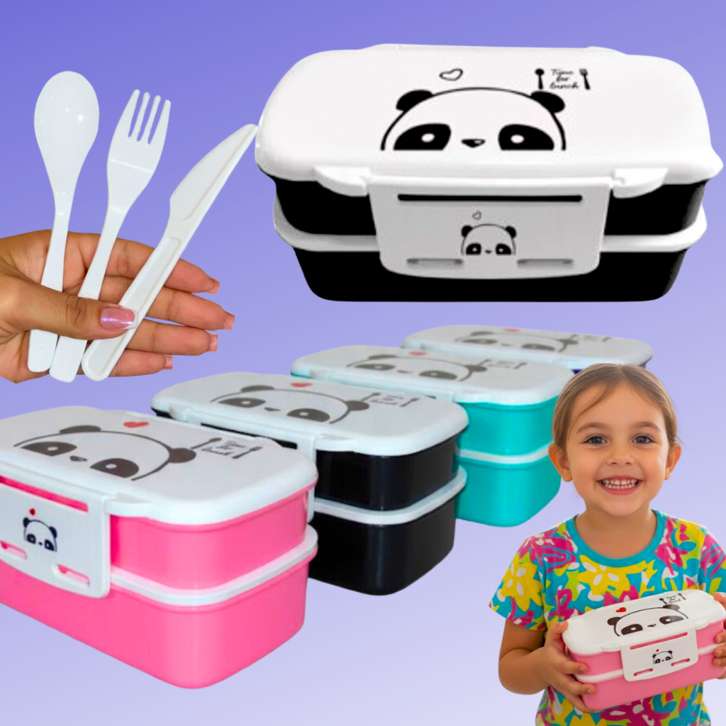 Marmita Infantil Lancheira Personalizada Tema Panda Colorida Com Talher Lanche Marmiteira Pote