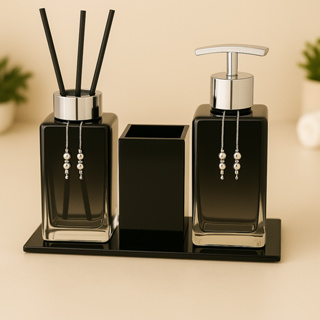 Kit Lavabo Luxo Sabonete Líquido C/ Porta Escovas e Aromatizante De Ambiente C/Bandeja em Oferta na Shopee